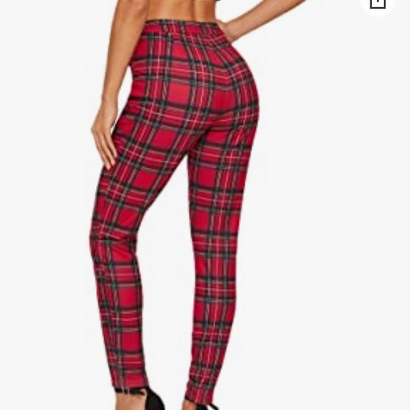 Casual Skinny Leggings Stretchy High Waisted Plaid - Picture 2 of 12